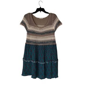 Easel Women's Boho Knit Babydoll Dress Multicolor Size S Short Sleeve